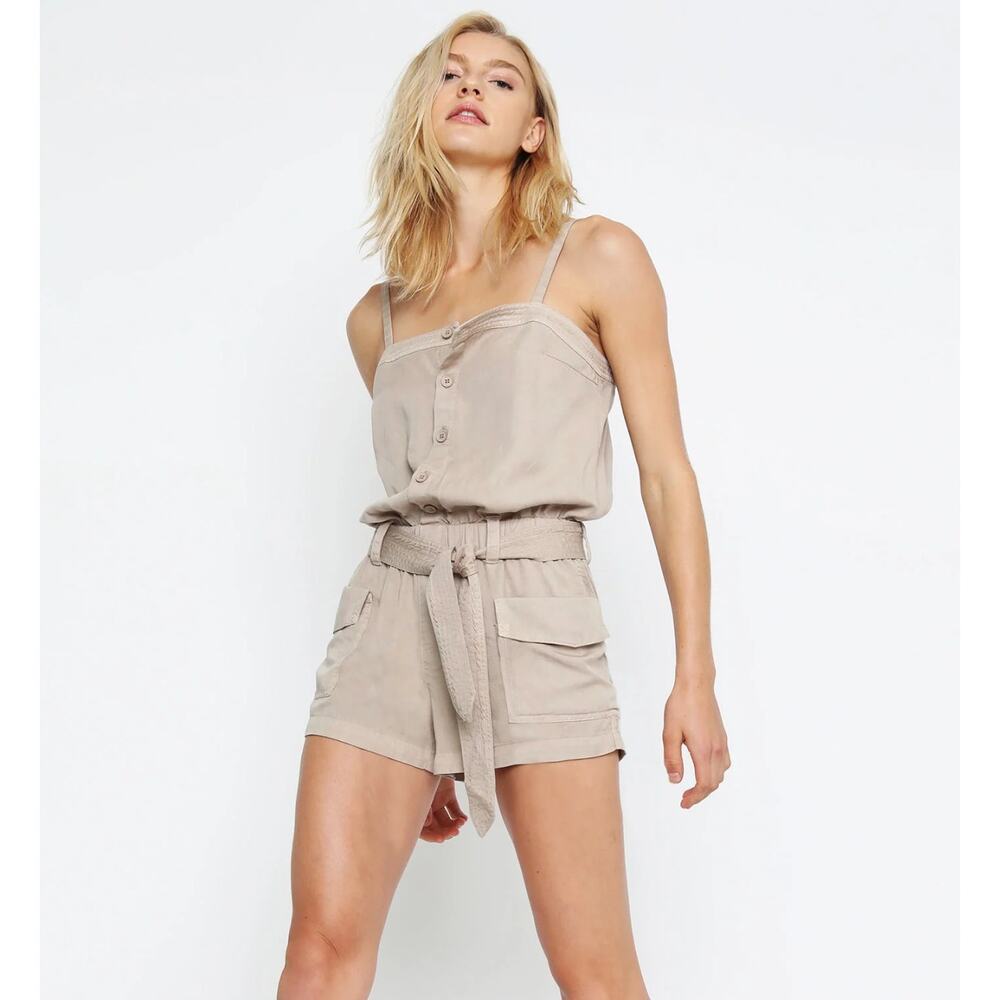 Pam & Gela Square Neck Romper‎ Sz L Stone Khaki Beige Tencel Sash Belt Playsuit